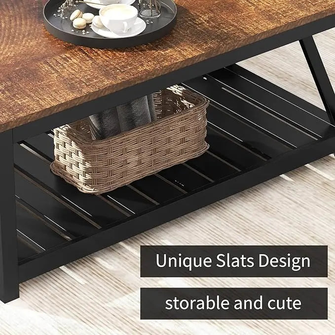 ChooChoo Black Coffee Table, Rustic Vintage Table with Shelf for Living Room, 40 Inch - LeafyLoom