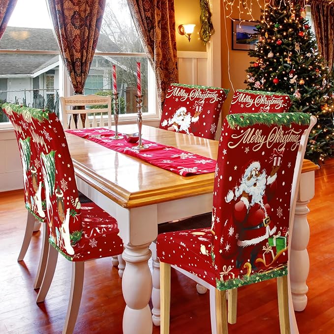 Ganeen 6 Pcs Christmas Chair Covers Merry Christmas Chair Back Cover Stretch Christmas Seat Cover Washable Xmas Dining Chair Protector Slipcover for Dining Room Kitchen Holiday Party (African Style) Ganeen