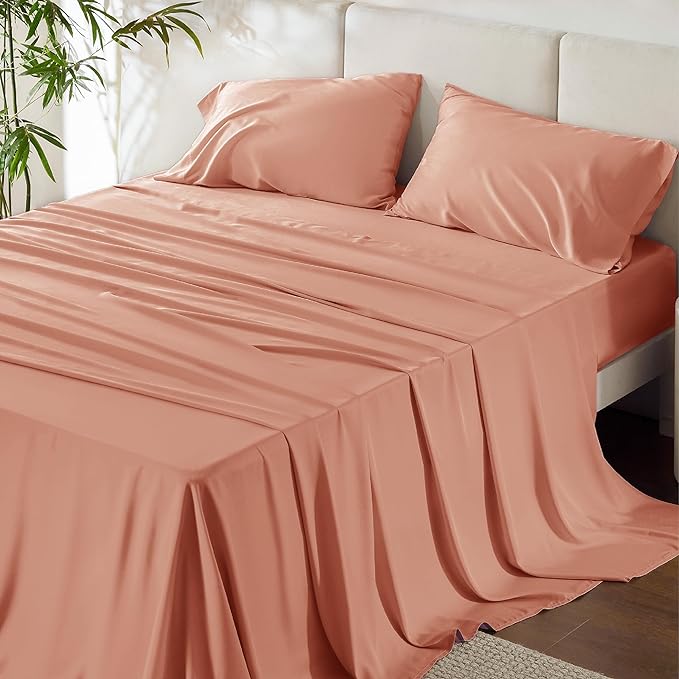 Bedsure Full Size Sheets, Cooling Sheets Full, Rayon Derived from Bamboo, Deep Pocket Up to 16", Breathable & Soft Bed Sheets, Hotel Luxury Silky Bedding Sheets & Pillowcases, Coral - LeafyLoom