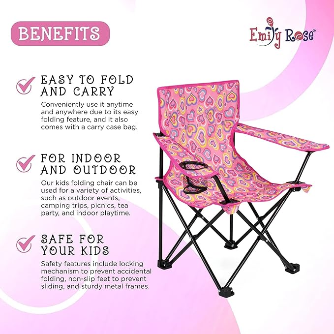 Emily Rose Kids Folding Chair | Beach Chair with Safety Lock- Camping Chair for Boyos Girls Toddler with Cup Holder & Carry Case- Tailgate, Travel, Lawn- for Indoor & Outdoor (Playful Hearts) - LeafyLoom