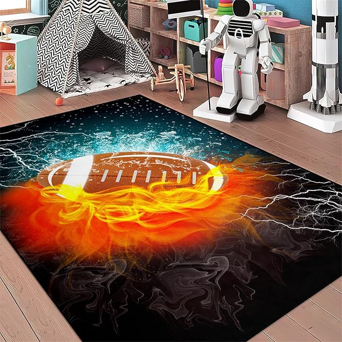 Football Rug Football Decor for Boys Bedroom Football Rug Water and Fire Cool Room Decoration Soccer Rug for Boys Room Football Printed Rug for Kids Room Playmat Rugs for Kids Room Living Room,4'×5' - LeafyLoom