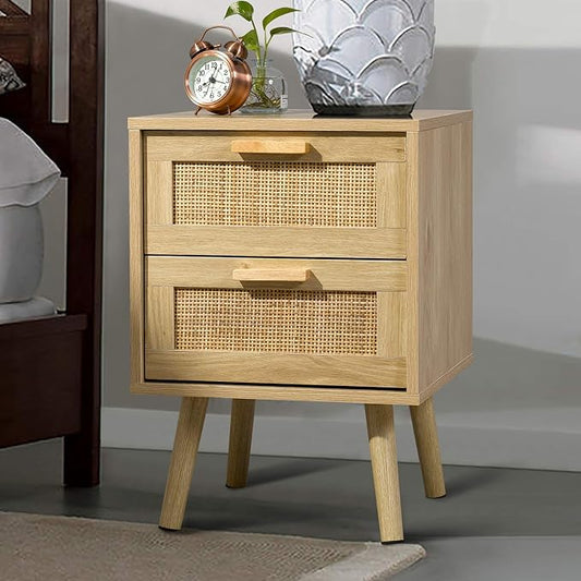 Finnhomy Nightstand, End Table, Side Table with 2 Hand Made Rattan Decorated Drawers, Wood Accent Table with Storage for Bedroom, Natural (Patented) - LeafyLoom