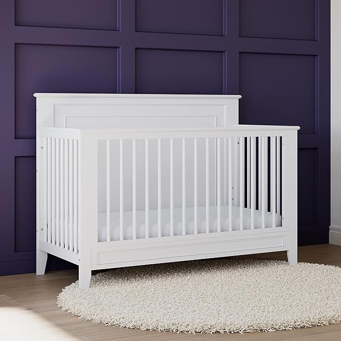 Storkcraft Solstice 5-In-1 Convertible Crib (White) – GREENGUARD Gold Certified, Converts to Toddler Bed and Full-Size Bed, Fits Standard Full-Size Crib Mattress, Adjustable Mattress Support Base - LeafyLoom