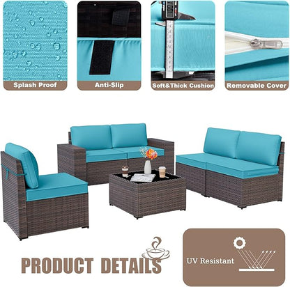 Patio Furniture Set Sofa 6-Piece Wicker PE Rattan Sectional Sofa Set, Outdoor Furniture Patio Conversation Sofa Set with Glass Coffee Table, Blue - LeafyLoom