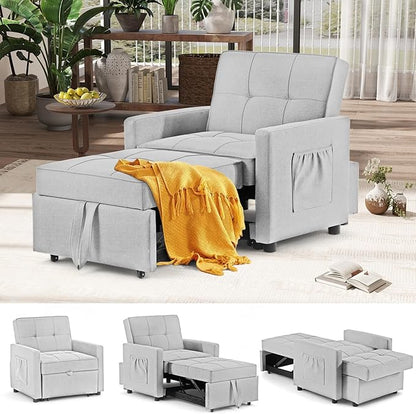 4-in-1 Convertible Sleeper Sofa, Single Pull Out Couch Chair with 6-Level Adjust Backrest Loveseat with Storage and Pillows, Modern Recliner for Living Room Apartment Office, White - LeafyLoom