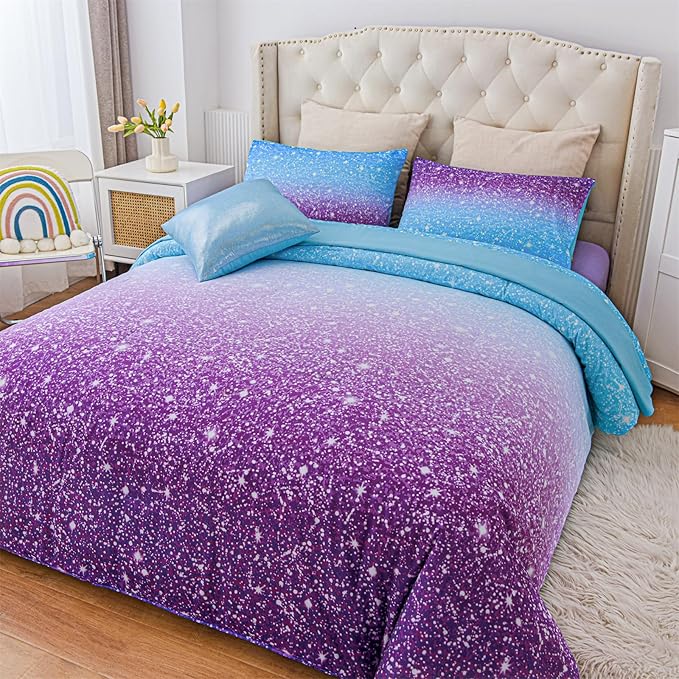 A Nice Night Girls Comforter Set Full Size 6 Piece Bed in A Bag 3D Colorful Sparkle Galaxy Rainbow Bedding Comforter Sheet Sets for Kids,BluePurple - LeafyLoom