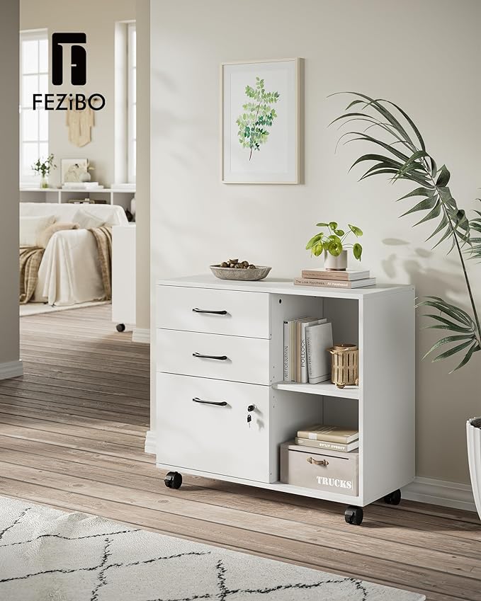 FEZIBO 3-Drawer Mobile File Cabinet, Lateral Filing Cabinet with Lock, Printer Stand with Open Storage Shelves for Home Office, Filing Cabinets for Home Office, White - LeafyLoom