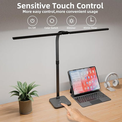 Otdair LED Desk Lamp for Home Office with Wireless Charger, 5 Modes 24W Double Head Flexible Gooseneck Eye-Caring Reading Study Light, Architect Light 5 Brightness Adjustable with Timer (Black) - LeafyLoom