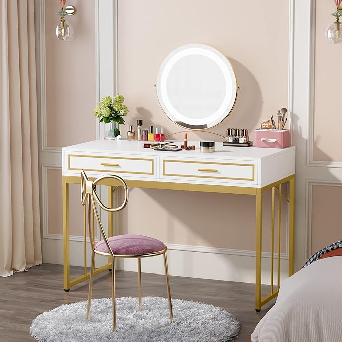 47’’ Computer Desk with 2 Drawers, White Gold Writing Desk Make Up Vanity Table - LeafyLoom