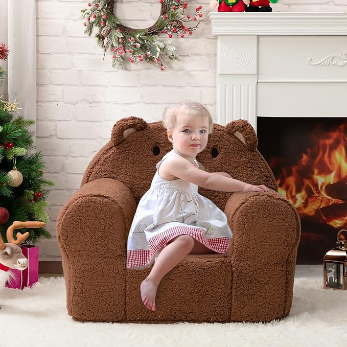 ALIMORDEN Kids Ultra-Soft Snuggle Foam Filled Chair, Toddler Cuddly Sherpa Sofa for Boys and Girls, Large Size Chair Better Support More Comfortable Experience, Caramel Bear - LeafyLoom