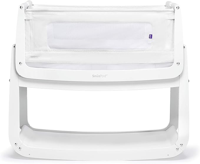 SnuzPod4, Bassinet Bedside Sleeper - Comfortable Baby Crib and Bed, 3D Breathable Mattress, Fits Bed with Adjustable Max. Height of 28.5”, Machine Washable Mesh Liner (White) - LeafyLoom