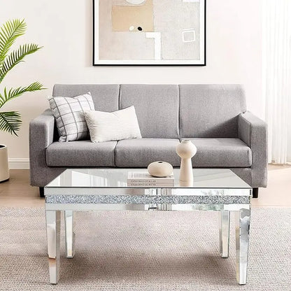 Silver Mirrored Coffee Table, Rectangle Living Room Tables with Crystal Inlay, Gorgeous Modern Mirror Coffee Table Mirrored Furniture for Living Room, Office - LeafyLoom