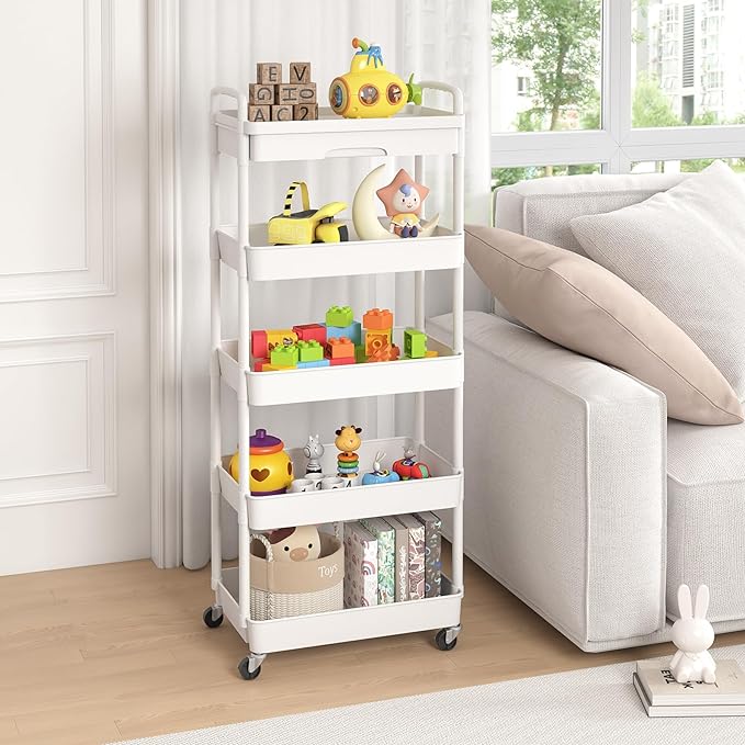 5-Tier Rolling Utility Cart，Trolley with Drawer, Multifunctional Storage Organizer with Plastic Shelf & Metal Wheels, Storage Cart for Living Room, Kitchen, Office, Bathroom, White - LeafyLoom