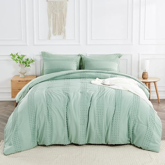 ENJOHOS Oversized King Size Comforter Set with Sheets 7 Pieces - Sage Green California King Comforter Set, King Bed in a Bag Set, Boho Tufted Bedding with Pom, Lightweight Soft Microfiber Comforter - LeafyLoom