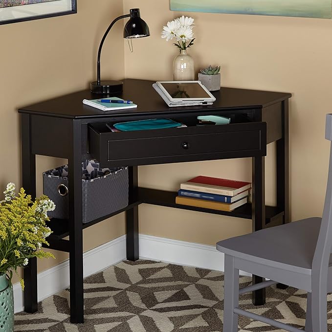 Target Marketing Systems Wood Corner Desk with One Drawer and One Storage Shelf, Black - LeafyLoom