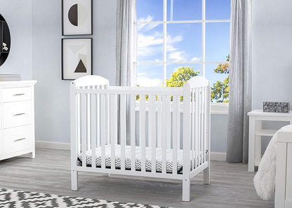 Delta Children Emery Mini Convertible Baby Crib with 2.75-inch Mattress, Bianca White - LeafyLoom