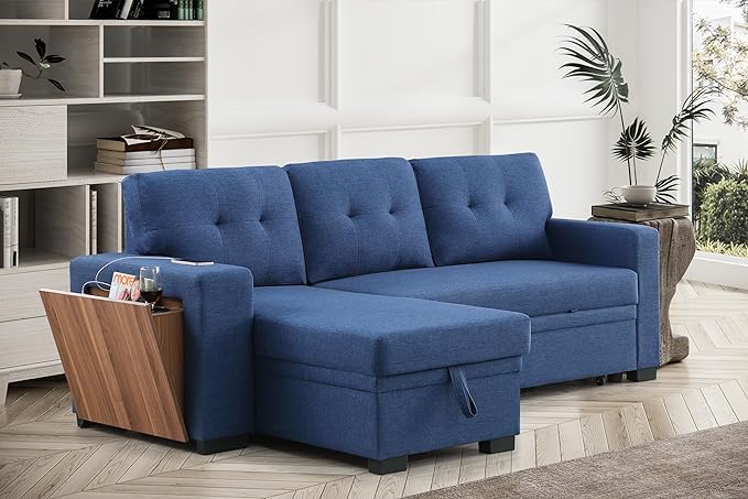 RITSU L Shape Sectional Sofa Pull Out Sleeper Bed with Storage, Reversible Couch w/Side Shelf and USB Charging Port, Linen Upholstered Tufted Cushion, for Living Room,Bedroom, Blue, 92 inch - LeafyLoom