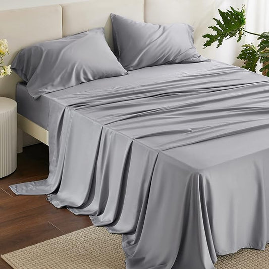 Bedsure Full Size Sheets, Cooling Sheets Full, Rayon Derived from Bamboo, Deep Pocket Up to 16", Breathable & Soft Bed Sheets, Hotel Luxury Silky Bedding Sheets & Pillowcases, Silver Grey - LeafyLoom