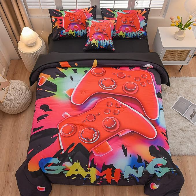 Aimuan Gaming Comforter Sets for Boys Kids Bedding Sets Video Games Console Action Buttons Novelty Colorful Game Gamepad Controller Modern Gamer Room Decor Home Quilt Set (Queen 6 Pcs,Black) - LeafyLoom