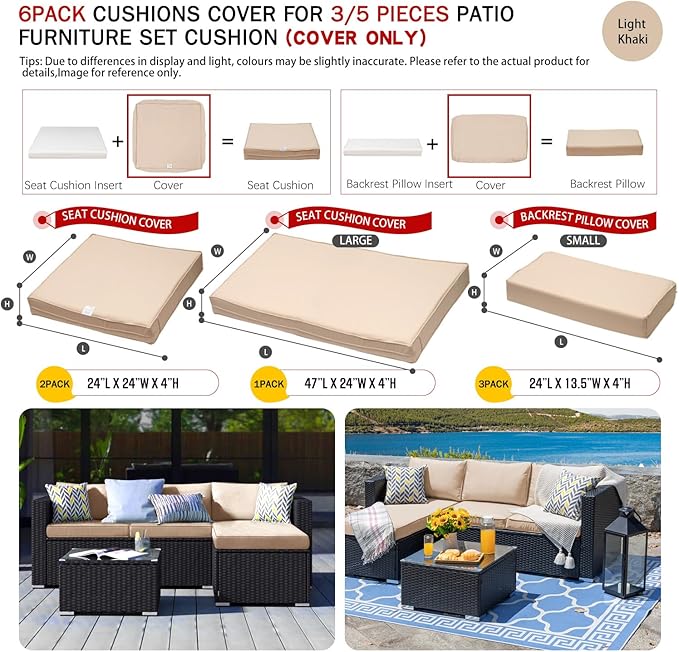 ClawsCover 6Pack Outdoor Seat and Back Cushions Replacement Covers Fit for 3 Pieces 3-Seater Wicker Rattan Patio Furniture Conversation Set Sectional Couch Chair,Light Khaki-Include Cover Only - LeafyLoom