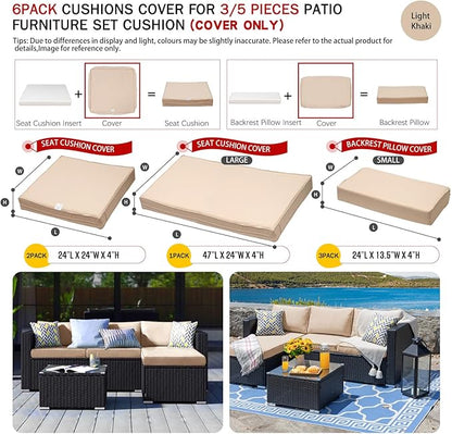 ClawsCover 6Pack Outdoor Seat and Back Cushions Replacement Covers Fit for 3 Pieces 3-Seater Wicker Rattan Patio Furniture Conversation Set Sectional Couch Chair,Light Khaki-Include Cover Only - LeafyLoom