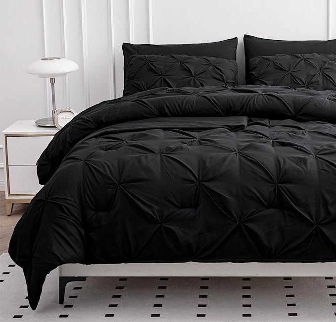 LANE LINEN Twin Comforter Set, 5 Piece Twin Bedding Sets, Ultra Soft Pintuck Twin Bed in a Bag Set with Down Alternative Comforter, Sheets, Pillowcase & Sham, Pinch Pleated Kids Bedding Set - Black - LeafyLoom