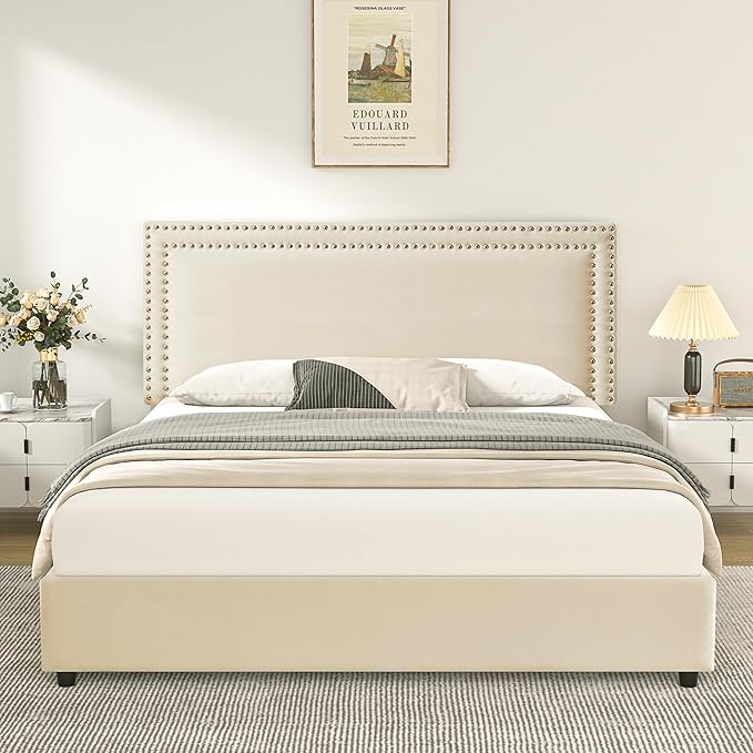 VECELO Queen Size Upholstered Platform Bed Frame with 4 Storage Drawers, Adjustable Velvet Rivets Headboard, Wooden Slats Support, No Box Spring Needed, Easy Assembly - LeafyLoom