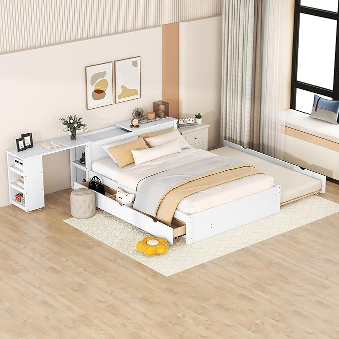 Wood Full Size Platform Bed with Headboard W/Build-in Rolling Desk, Full Bed Frame with Trundle Bed and Storage Drawers for Teens Kids Adults, No Box Spring Needed, White - LeafyLoom