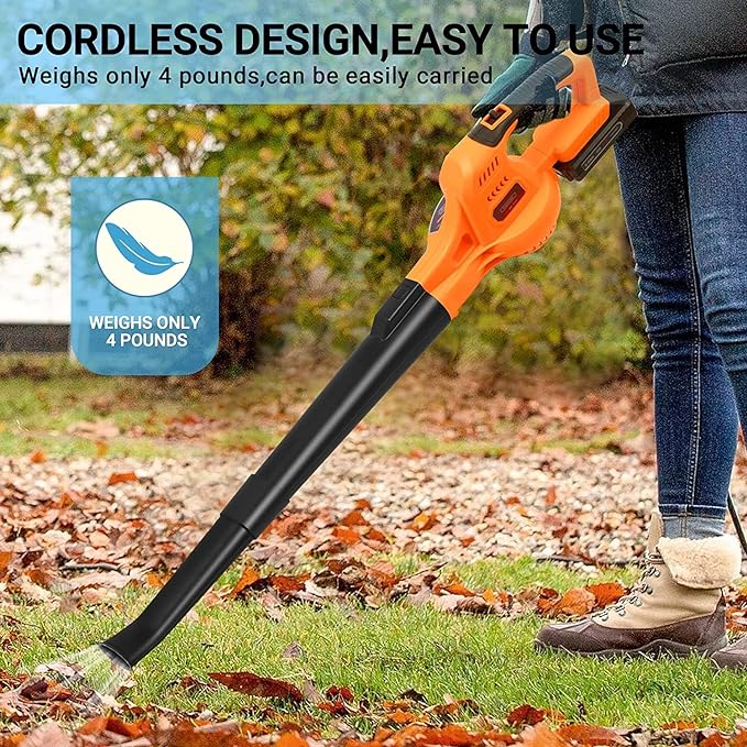 20V Cordless Leaf Blower with Battery and Charger, Leaf Blower Battery Operated, Rechargeable Electric Handheld Leaf Blower Variable Speed with 2 Tubes for Patio, Leaves Blowing-Orange - LeafyLoom