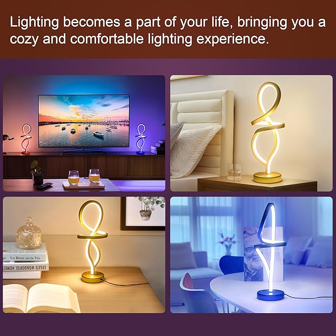 Modern Table Lamp,RGB Table Lamp，LED Spiral Lamp, Gold Bedside Lamp with 7 Colors 10 Light Modes, Touch Dimmable Nightstand Lamp for Bedroom Living Room Home Office, 15W - LeafyLoom