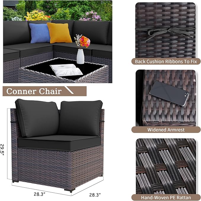 Patio Furniture Set Sofa 6-Pieces Wicker Sectional Sofa Set, Outdoor Furniture Rattan Patio Conversation Set with Thickened Cushion and Glass Coffee Table, Black - LeafyLoom