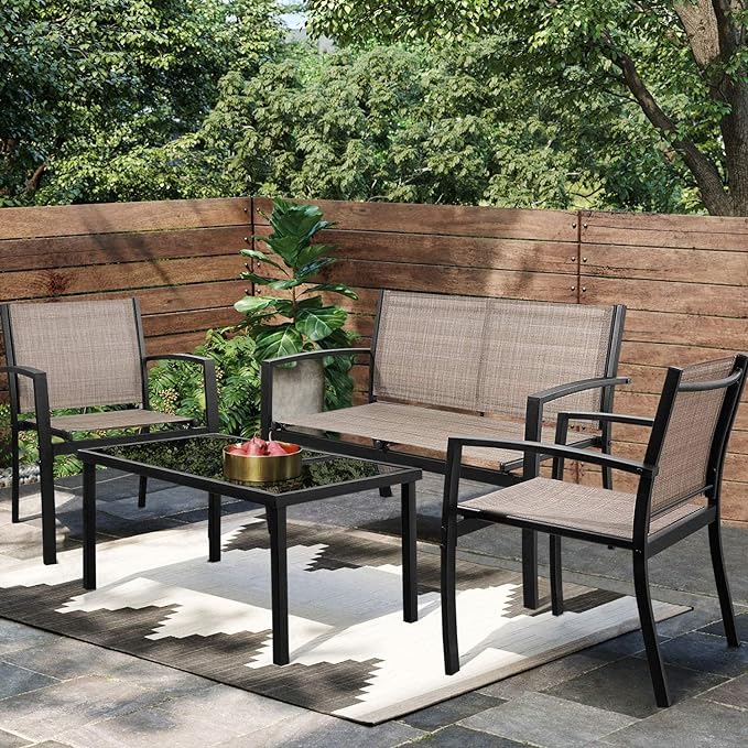 Greesum 4 Pieces Patio Furniture Set, Outdoor Conversation Sets for Patio, Lawn, Garden, Poolside with A Glass Coffee Table, Brown - LeafyLoom