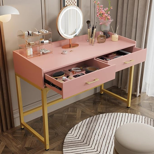 WESTREE Computer Gaming Desk Office - Study Writing Desk with Drawer for Teen, Bedroom Makeup Desk Home Office with Storage Shelf, Height Monitor Stand, Pink - LeafyLoom