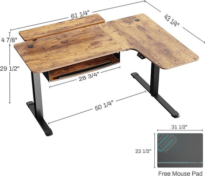 EUREKA ERGONOMIC Standing Desk with Keyboard Tray, Computer Desk, 61" L Shaped Electric Adjustable Height Desk w Monitor Stand LED, Corner Sit Stand Desk Gaming Desk, Dual Motor,Right/Rustic Brown - LeafyLoom