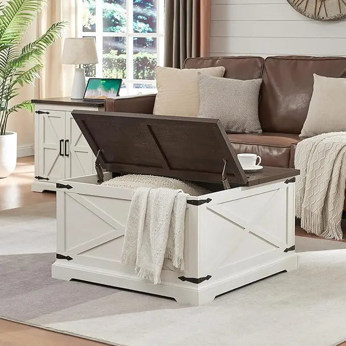 Farmhouse Square Coffee Table with Storage, Wood Center Table with Hinged Lift Top, Rustic Cocktail Table with Large Hidden Storage Compartment for Living Room, Bedroom,White - LeafyLoom