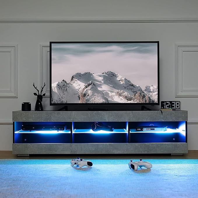 HOMMPA LED TV Stand for 65 inch TV Grey Black TV Stand with Led Lights Modern TV Entertainment Center with Glass Shelves TV Media Console for Living Room - LeafyLoom