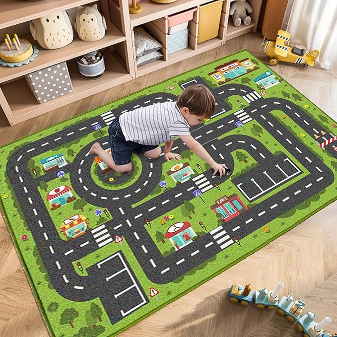 Car Rug Play Mat, Road Rug Carpet for Kids, City Life Educational Road Traffic Carpet for Ages 3-12 Years Old(100×160cm/39×63inch) - LeafyLoom