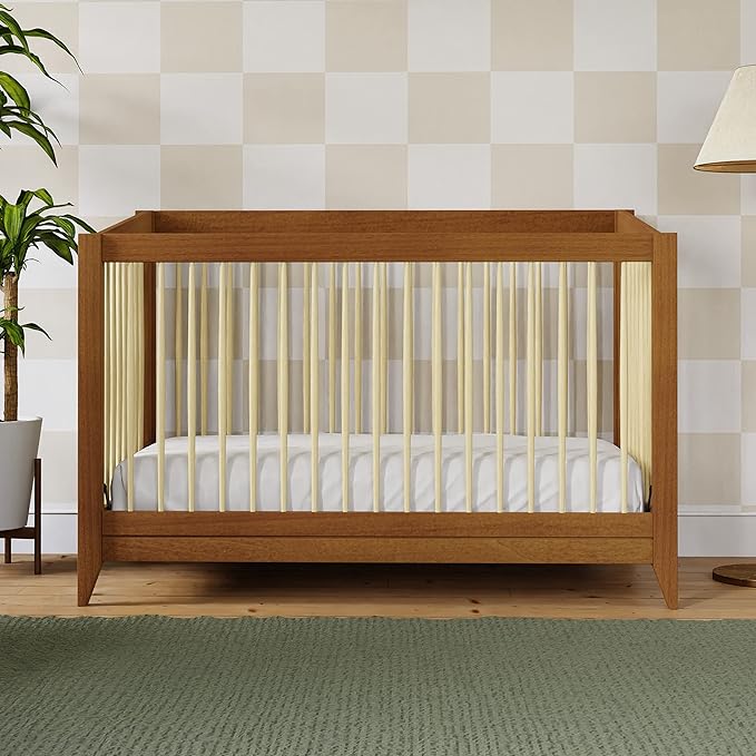 Babyletto Sprout 4-in-1 Convertible Crib with Toddler Bed Conversion Kit in Chestnut and Natural, Greenguard Gold Certified - LeafyLoom