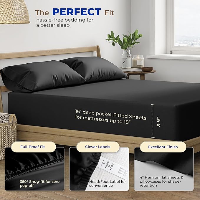 THREAD SPREAD 100% Egyptian Cotton Sheets California King Size - 600 Thread Count 4 PC Luxury Sheets Cal King Size, Soft, Cooling Hotel Luxury Bed Sheets & Pillowcases, Fits Mattress upto 18" - Black - LeafyLoom