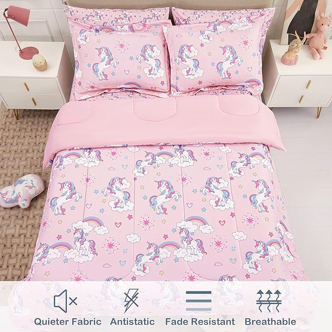 Mooreeke Kids Comforter Bed Set Full Size for s Girls, 8 Pieces Bed in a Bag with Shams, Sheet Set, Pink Unicorn Full Soft Microfiber Kids Comforter Bedding Set - LeafyLoom