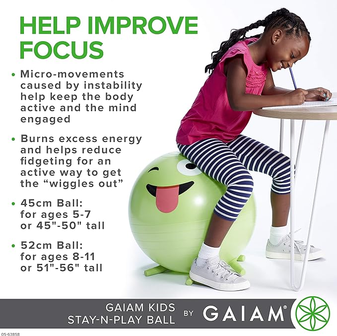 Gaiam Kids Stay-N-Play Children's Balance Ball, Flexible School Chair Active Classroom Desk Alternative Seating, Built-In Stay-Put Soft Stability Legs, Includes Air Pump, 45cm, Purple Miss Sunshine - LeafyLoom