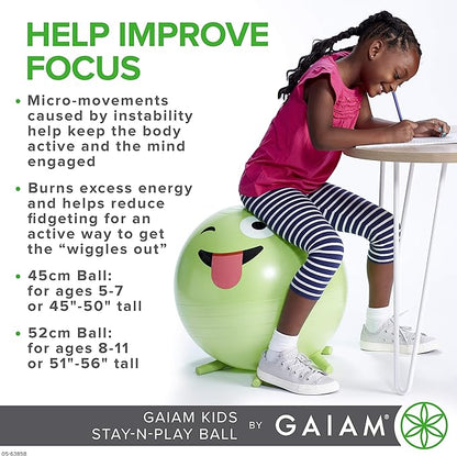 Gaiam Kids Stay-N-Play Children's Balance Ball, Flexible School Chair Active Classroom Desk Alternative Seating, Built-In Stay-Put Soft Stability Legs, Includes Air Pump, 45cm, Green Crazy Silly - LeafyLoom