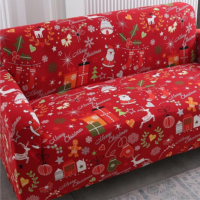 Mybedsoul Christmas Printed Sofa Cover Santa Claus Elastic Couch Cover Machine Washable Christmas Theme Red Sofa Slipcover for Living Room(3 Seater) Mybedsoul