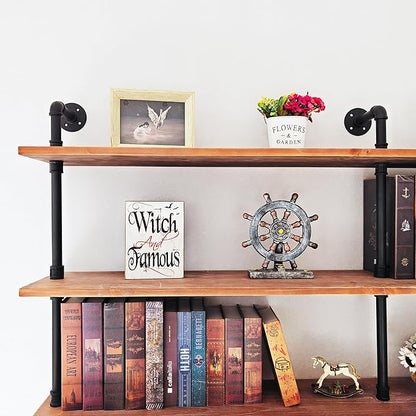 Industrial Ladder Shelf Bookcase, Wall Mounted Rustic Bookshelf, Retro Wood Metal Pipe Industrial Shelves for Living Room(Weathered Brown, 6 Tier - 10" D x 70" W x 82.5" H) - LeafyLoom