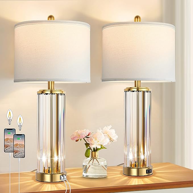 QiMH Gold Table Lamps for Bedroom Set of 2 with Nightlight, Modern Bedside Lamp with 2 USB Charging Port, Clear Nightstand Lamp for Living Room White Shade Home Light Decor(LED Bulbs Included) - LeafyLoom