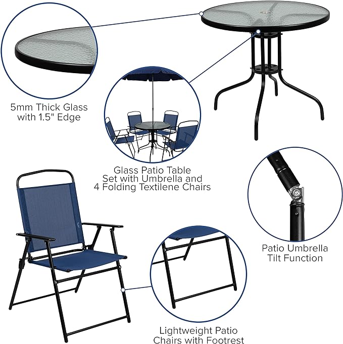 Flash Furniture Nantucket 6-Piece Patio Dining Set with Glass Table, 4 Folding Chairs, and Umbrella, Outdoor Patio Table, Chairs, Umbrella Set, Navy - LeafyLoom