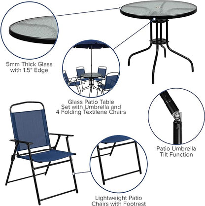 Flash Furniture Nantucket 6-Piece Patio Dining Set with Glass Table, 4 Folding Chairs, and Umbrella, Outdoor Patio Table, Chairs, Umbrella Set, Navy - LeafyLoom