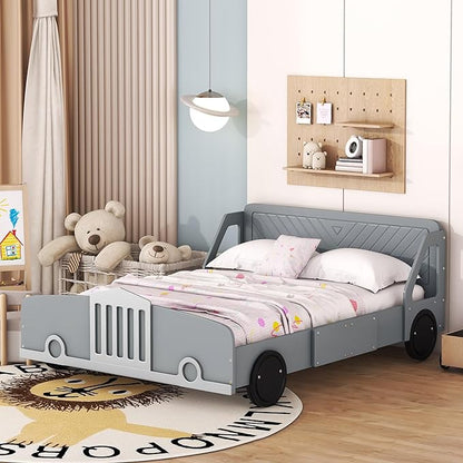 Full Size Car-Shaped Bed Frame for Kids,Wooden Platform Bed with Wheels and Side Rails for for Boys Girls,Wood Slat Supports,No Box Spring Needed,Gray - LeafyLoom