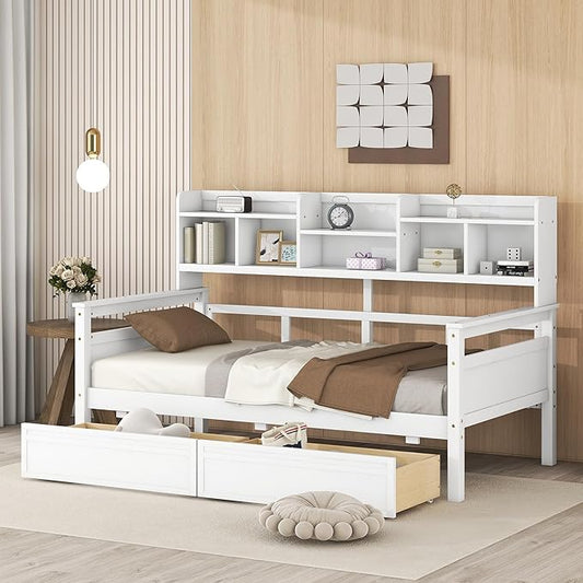 Merax Wood Daybed with with Bedside Shelves and Two Drawers, Twin Size Sofa Bed Frame for Kids Teens Adults, No Box Spring Needed White - LeafyLoom