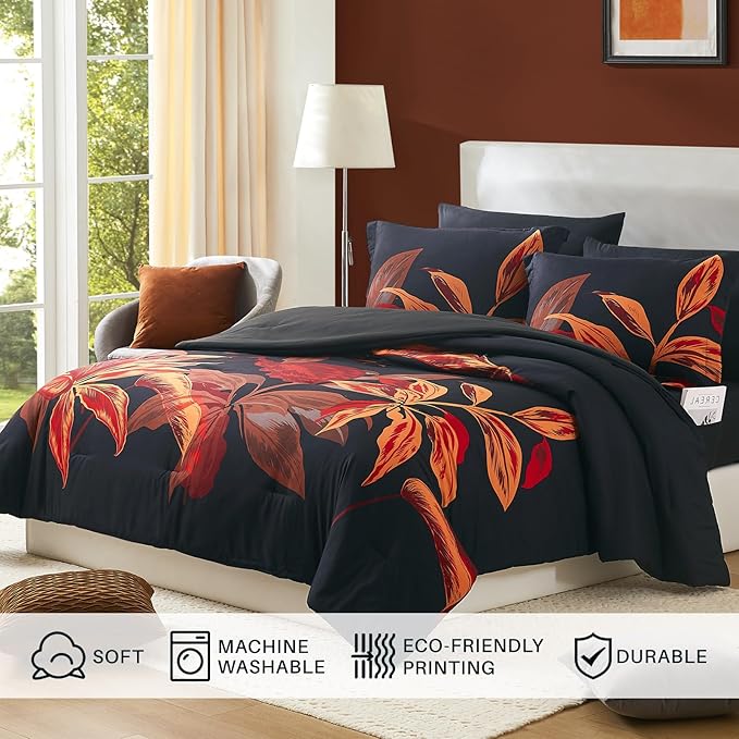 WRENSONGE King Size Comforter Set, 7 Pieces Black Red Floral Comforter Set with Sheets for King Size Bed, Red Leaf Pattern King Bedding Set, Soft Breathable Bed in a Bag King for All Seasons - LeafyLoom